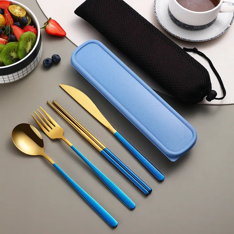 304 Stainless Steel Dinnerware Set Flatware Kitchen Accessories Camping Travel Sets Gold Knife Fork Spoon Portable Cutlery Set with Mesh Carry Case for Outdoor Dining