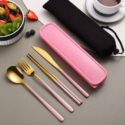 304 Stainless Steel Dinnerware Set Flatware Kitchen Accessories Camping Travel Sets Gold Knife Fork Spoon Portable Cutlery Set with Mesh Carry Case for Outdoor Dining