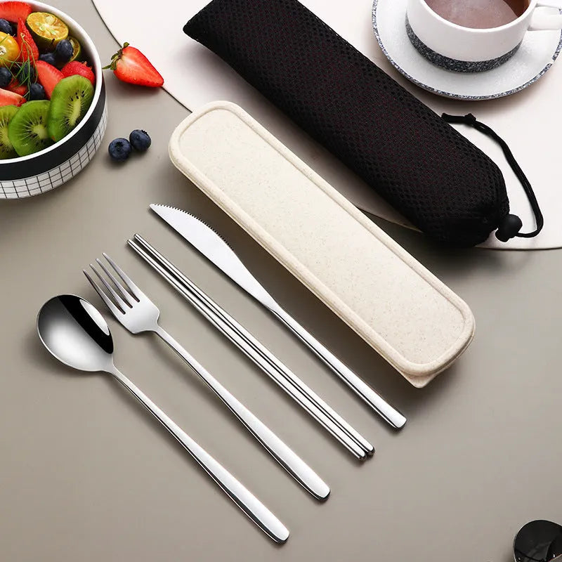 304 Stainless Steel Dinnerware Set Flatware Kitchen Accessories Camping Travel Sets Gold Knife Fork Spoon Portable Cutlery Set with Mesh Carry Case for Outdoor Dining