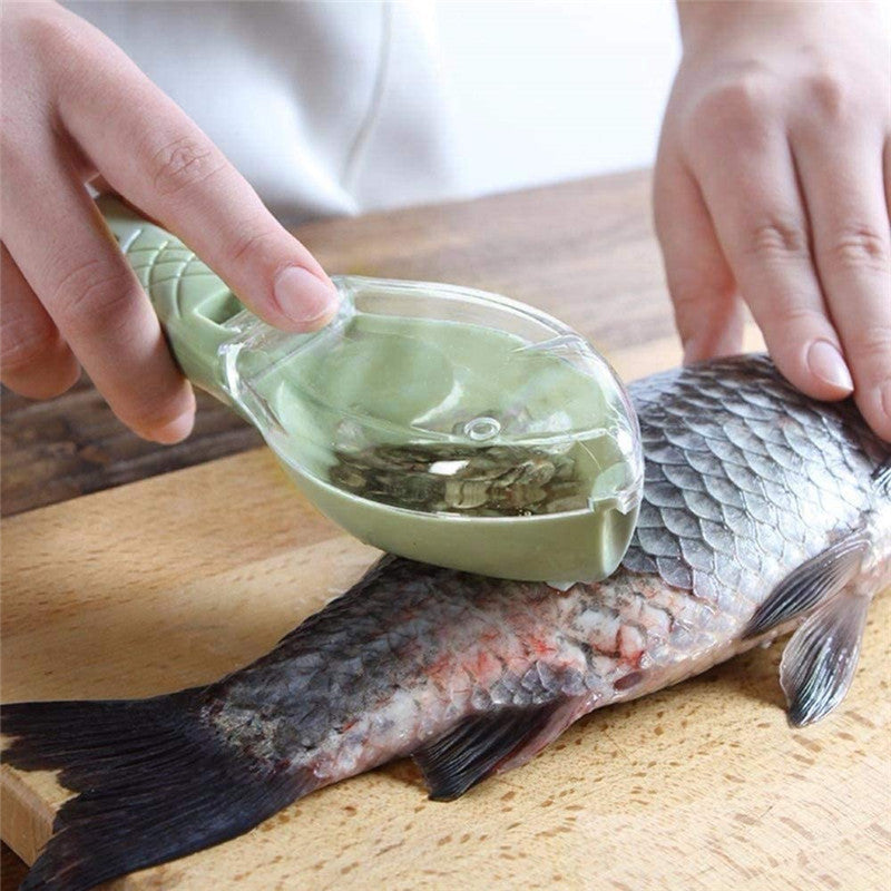 Mess-Free Fish Scaler with Collection Lid - Fish Shaped Scale Remover Tool for Quick Kitchen Prep - Manual Scraper Gadget with Hanging Hole