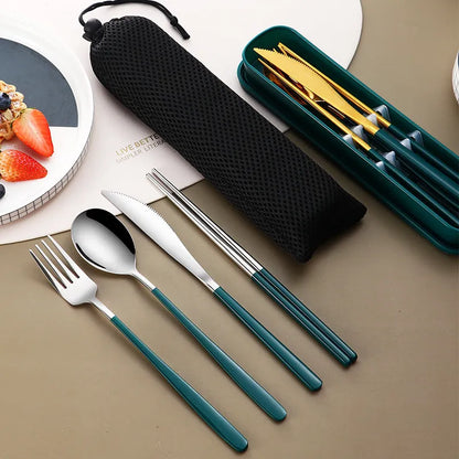 304 Stainless Steel Dinnerware Set Flatware Kitchen Accessories Camping Travel Sets Gold Knife Fork Spoon Portable Cutlery Set with Mesh Carry Case for Outdoor Dining