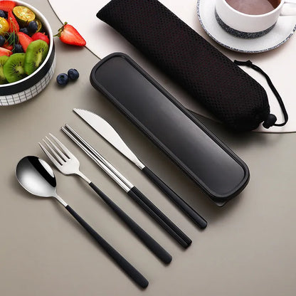 304 Stainless Steel Dinnerware Set Flatware Kitchen Accessories Camping Travel Sets Gold Knife Fork Spoon Portable Cutlery Set with Mesh Carry Case for Outdoor Dining