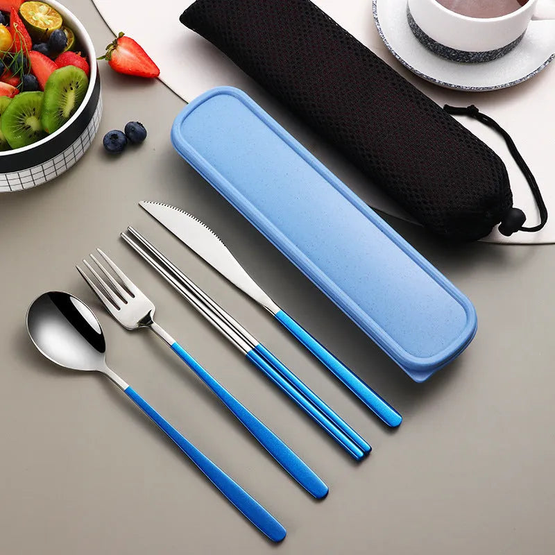 304 Stainless Steel Dinnerware Set Flatware Kitchen Accessories Camping Travel Sets Gold Knife Fork Spoon Portable Cutlery Set with Mesh Carry Case for Outdoor Dining