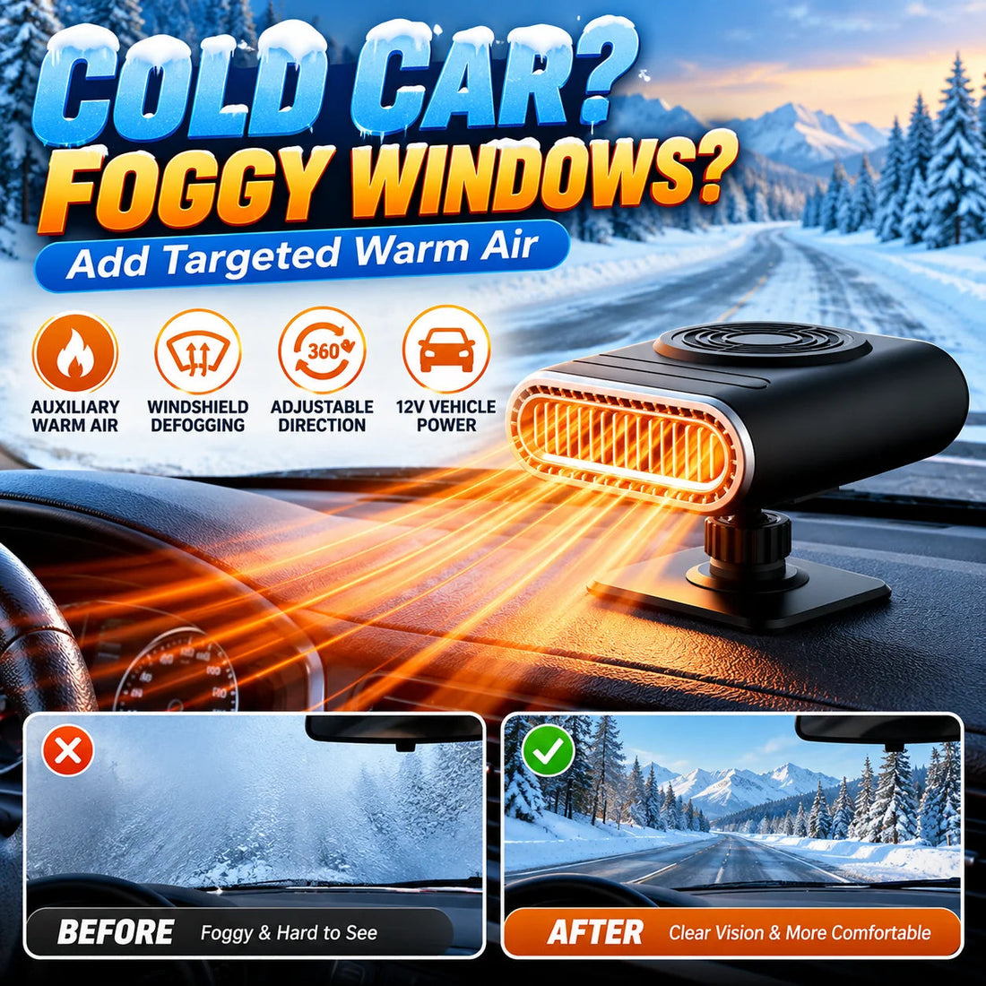 ️ 12V Portable Car Heater & Windshield Defogger – Adjustable Warm Air ...