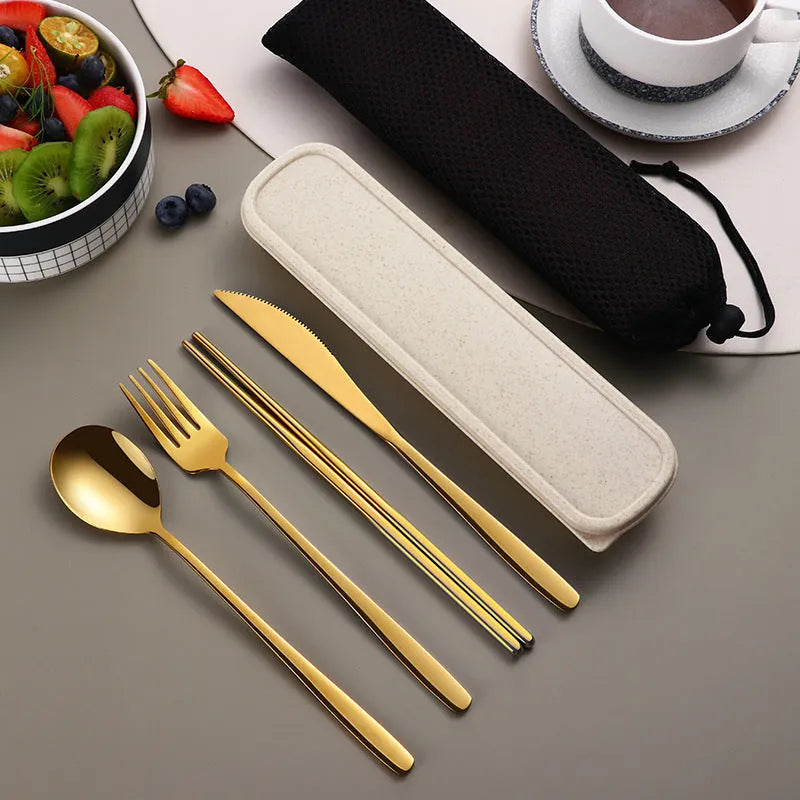 304 Stainless Steel Dinnerware Set Flatware Kitchen Accessories Camping Travel Sets Gold Knife Fork Spoon Portable Cutlery Set with Mesh Carry Case for Outdoor Dining