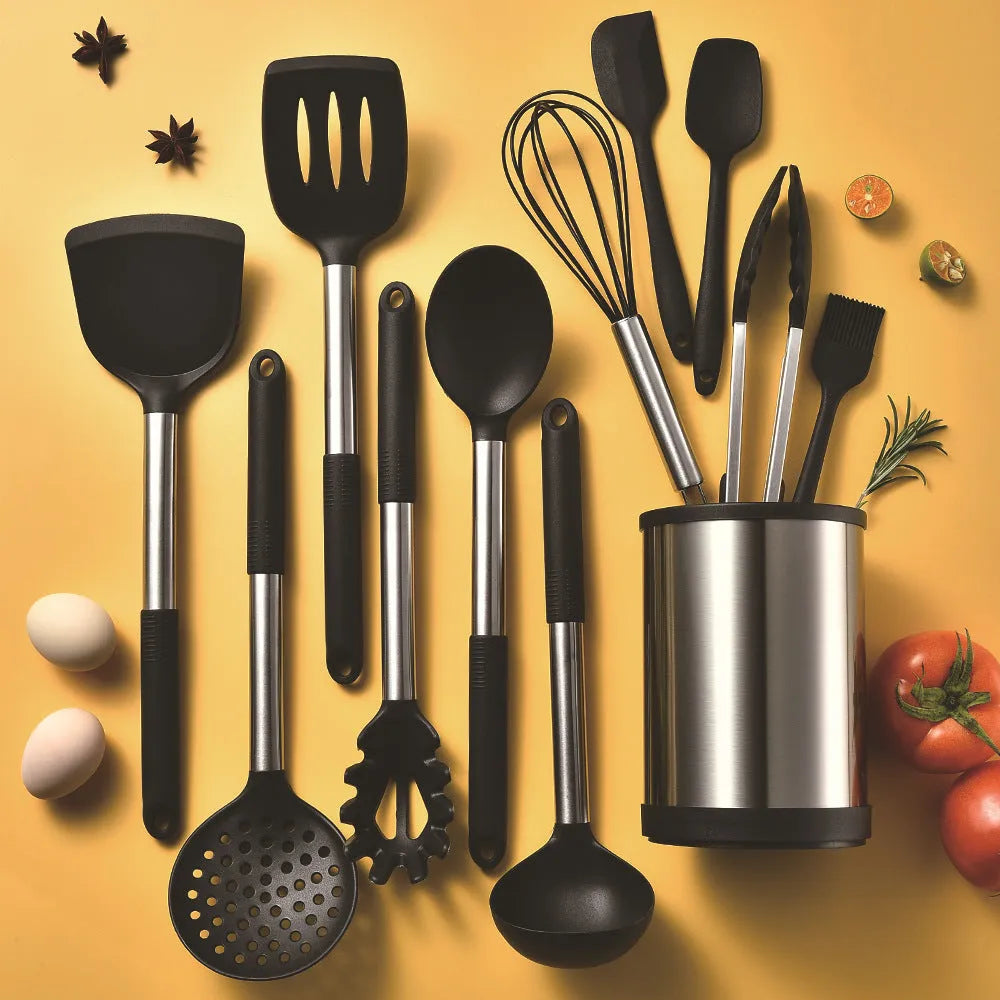 Silicone Kitchenware 12-Piece Set with Rotating Storage Bucket, including Ladel, Spatula, Colander Claw, and Food Clip for Non-Stick Cookware