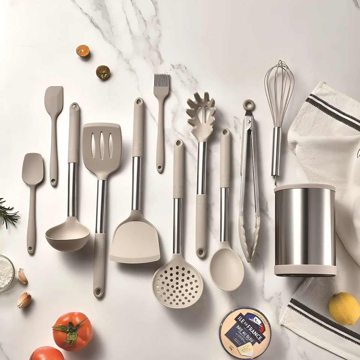 Silicone Kitchenware 12-Piece Set with Rotating Storage Bucket, including Ladel, Spatula, Colander Claw, and Food Clip for Non-Stick Cookware