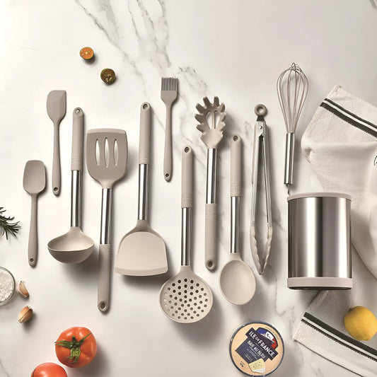 Silicone Kitchenware 12-Piece Set with Rotating Storage Bucket, including Ladel, Spatula, Colander Claw, and Food Clip for Non-Stick Cookware