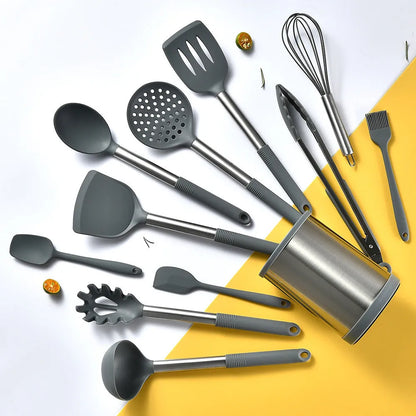 Silicone Kitchenware 12-Piece Set with Rotating Storage Bucket, including Ladel, Spatula, Colander Claw, and Food Clip for Non-Stick Cookware