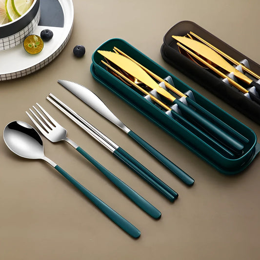 304 Stainless Steel Dinnerware Set Flatware Kitchen Accessories Camping Travel Sets Gold Knife Fork Spoon Portable Cutlery Set with Mesh Carry Case for Outdoor Dining