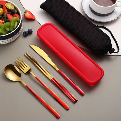 304 Stainless Steel Dinnerware Set Flatware Kitchen Accessories Camping Travel Sets Gold Knife Fork Spoon Portable Cutlery Set with Mesh Carry Case for Outdoor Dining