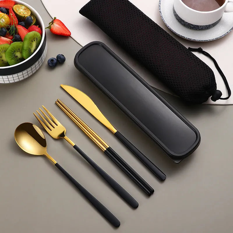 304 Stainless Steel Dinnerware Set Flatware Kitchen Accessories Camping Travel Sets Gold Knife Fork Spoon Portable Cutlery Set with Mesh Carry Case for Outdoor Dining