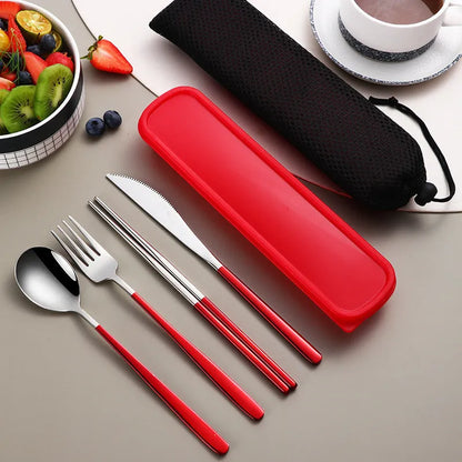 304 Stainless Steel Dinnerware Set Flatware Kitchen Accessories Camping Travel Sets Gold Knife Fork Spoon Portable Cutlery Set with Mesh Carry Case for Outdoor Dining