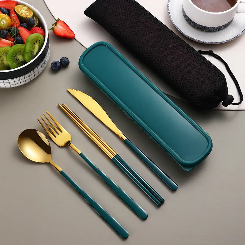 304 Stainless Steel Dinnerware Set Flatware Kitchen Accessories Camping Travel Sets Gold Knife Fork Spoon Portable Cutlery Set with Mesh Carry Case for Outdoor Dining